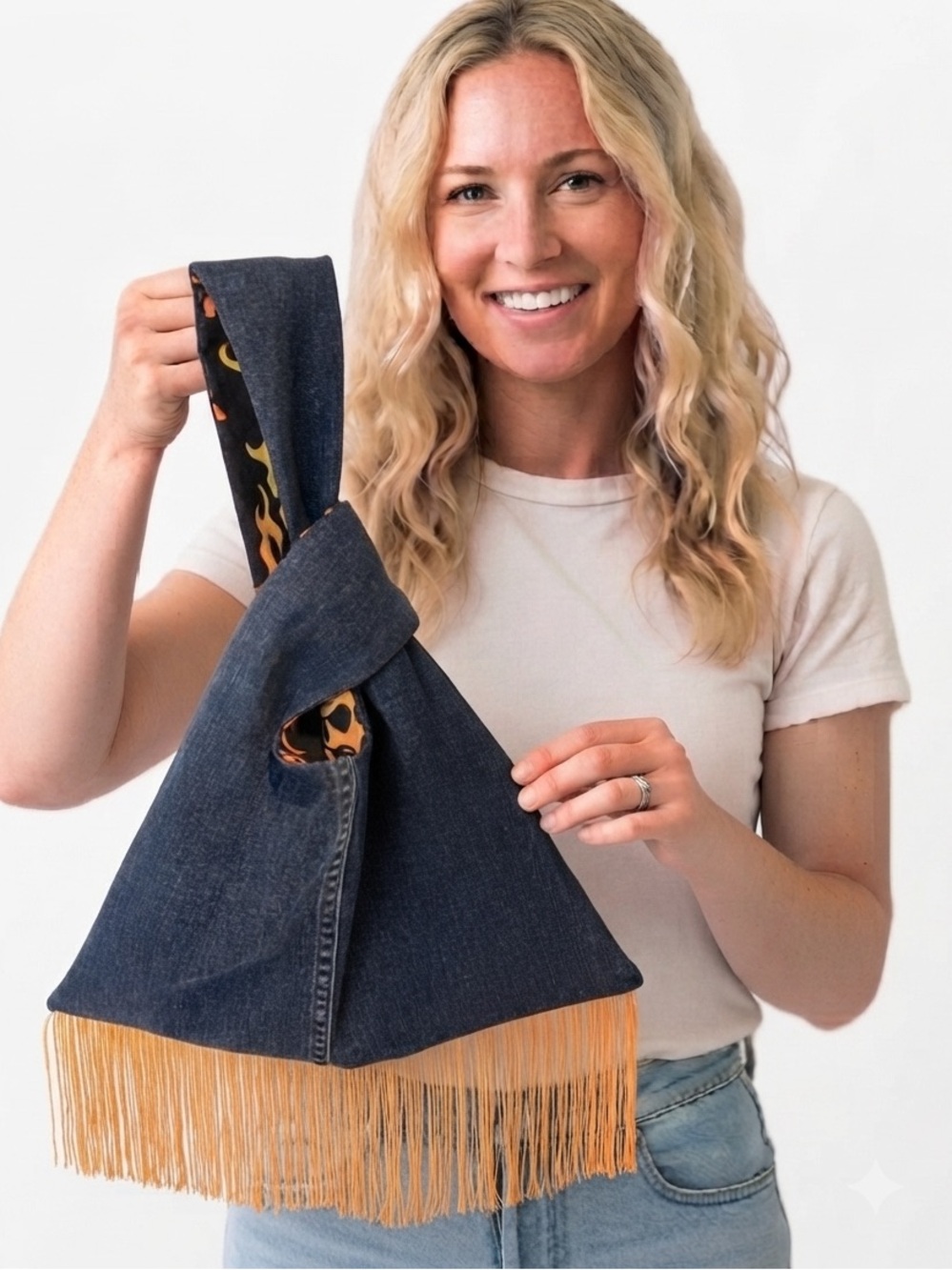 NEW Handmade Denim & Flame Fringe Japanese Knot Bag